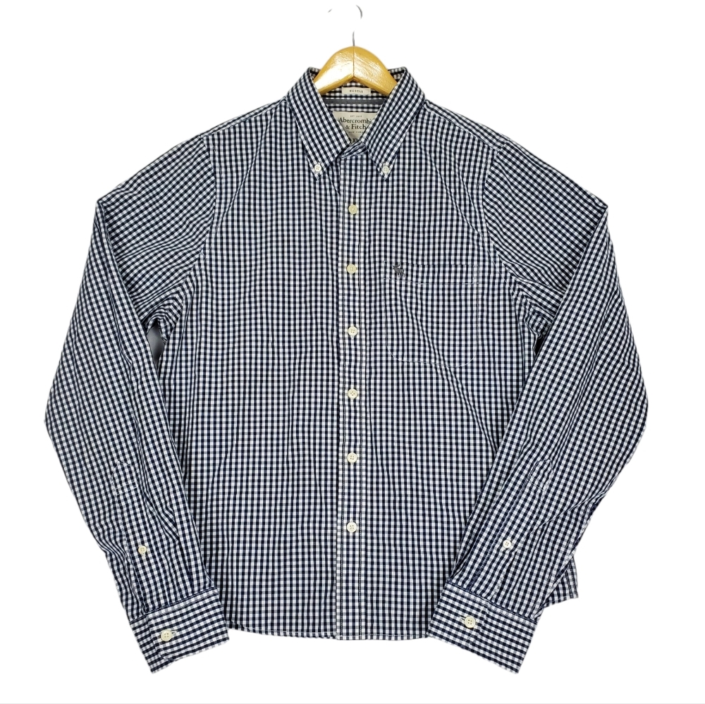 Abercrombie & Fitch Muscle Blue White Gingham Button Up Long Sleeve Shirt Sz XL - Picture 2 of 16